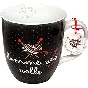 H:)PPY life 46732 Tasse mit Spruch Komme was Wolle, Porzellan, 40 cl, Schwarz, Weiß, 1 Stück (1er Pack)