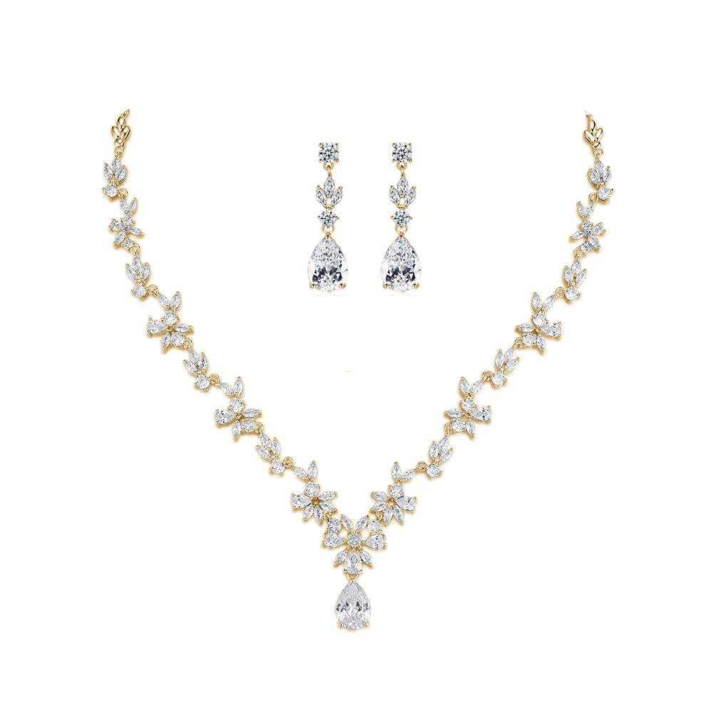 SNORSO 18k Gold Plated Bridal Necklace Earrings Jewellery Set for Women with AAA Cubic Zirconia Teardrop Pendant, Jewellery Set for Wedding,Events,Party