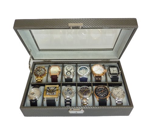 12 piece pewter carbon fiber watch display case men s o…