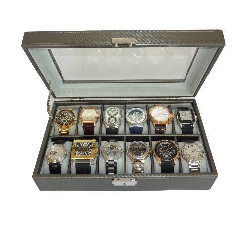 12 Piece Pewter Carbon Fiber Watch Display Case Men's or Ladies Watch Box Jewelry Glass Top