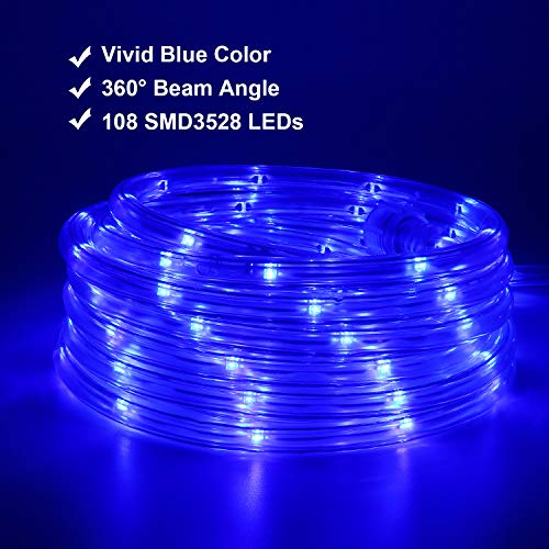 Areful Blue LED Lights, 16ft Rope Lights, Connectable and Flexible Blue Strip Lighting, High Brightness 3528 LEDs with Clear PVC Jacket, Waterproof Weatherproof for Indoor Outdoor Use