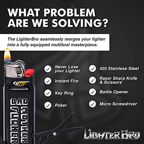 LighterBro BMF - Stainless Steel Sleeve to Transform Your Pocket Lighter - Lighter Case with Poker, Super Sharp Knife & Scissors, Bottle Opener, Screwdrivers, & Keychain Holder