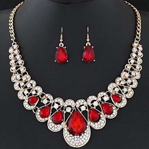 Wiffe Women Stone Necklace Earrings Rhinestone Pendant Jewelry Luminous Vintage (Red)