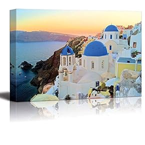 Canvas Prints Wall Art - Sunset View of The Blue Dome Churches of Santorini, Greece | Modern Wall Decor/Home Art Stretched Gallery Wraps Giclee Print & Wood Framed. Ready to Hang - 12" x 18"