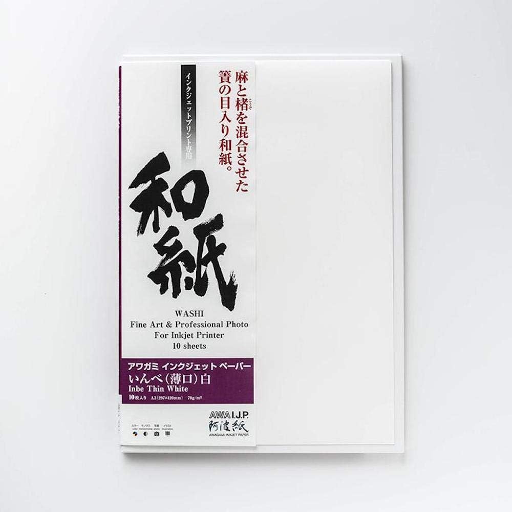 Awagami Inbe Thin White Fine Art Inkjet Paper, 70gsm A2 (16.54" x 23.39") 10 Sheets