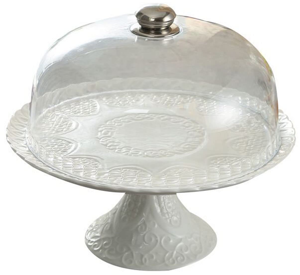 YBK Tech Strength Porcelain Elegant Cake Display Stand Cupcake Stand with Acrylic Plastic Dome Lid- White