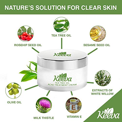 Keeva Organics Acne Treatment Cream With Secret TEA TREE OIL Formula - Perfect For Acne Scar Removal, Fighting Breakouts, Spots, Cystic Acne - See Results in Days Without Dry Skin (6oz)