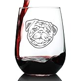 Bevvee Happy Pug Stemless Wine Glass - Cute Dog Themed Decor and Gifts for Moms & Dads of Pugs - Large 17 Oz Glasses
