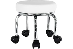 WKWKER Modern Roller Seat PU Leather Low Round Rolling Stool 360 Swivel Small Stool with Universal Caster Wheels for Home Office Garage Shop Fitness Sport (White) H:12.4"