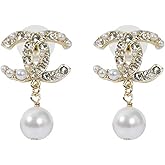 Stahala Luxury Crystal Pearl Drop Earrings, Gold Plated Double Pearl Dangle, Rhinestone Interlocking Circle Design, Fashion Statement Jewelry for Women