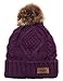 Women's Winter Fleece Lined Cable Knitted Pom Pom Beanie Hat with Hair Tie.(Purple)