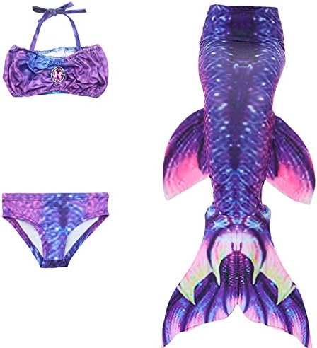 Mermaid Tail, FIOKASO 3PCS Girls Swimmable Mermaid Costume for Swimming Kids Swimwear(No Monofin)