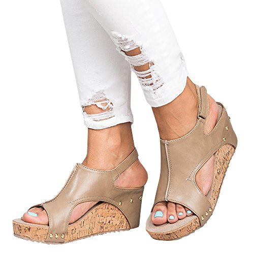 Syktkmx Womens Cutout Open Toe Platform Wedges Slingback Ankle Strap Cork Heeled Sandals