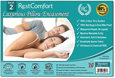 Set of 2 Cotton Terry Pillow Protectors, Bed Bug & Dust Mite Bacteria, Allergy Proof / Waterproof Hypoallergenic Breathable & Quite - Zippered Pillow Encasement, RestComfort (Standard 21"x27", White)