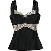 Women Y2k Lace Trim Tank Tops Teen Girl Goth Sleeveless Shirt Coquette Clothes Vintage V Neck Going Out Crop Top