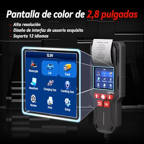 KONNWEI Probador de Batería de Coche con Impresora, Probador de Carga de Batería Automotriz de 12V 24V 10-2000CCA, Analizador de Batería de Arranque y Carga, Probador de Alternador para Coche, Camión