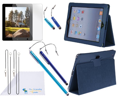 The Friendly Swede PU Leather Case / Stand / Cover for Apple iPad 2 / iPad 3 / iPad 4 + Screen Protector + 1 XXL 7.3" Stylus + 1 Large 5.3" Stylus + 2 Short 1.7" Stylus + 4 Detachable Lanyards + Cleaning Cloth in Retail Packaging (Dark blue)