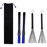 TUOREN 2Pair Drum Brushes Set 1 Pair Drum Wire Brushes, 1 Pair Retractable Nylon Drum Brushes with Comfortable Rubber Handles for Jazz Folk Drummer Playing Beginner Practicing
