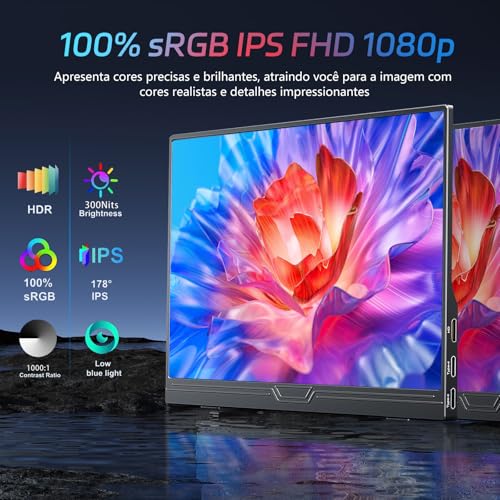 Monitor Portátil Touchscreen 15.6" - Tela Externa Full HD 1080P, Toque de 10 Pontos, Dual Type-C Mini HDMI, Alto-falantes Integrados e Capa Protetora, Plug & Play para Laptop, PC, Mac e Celular