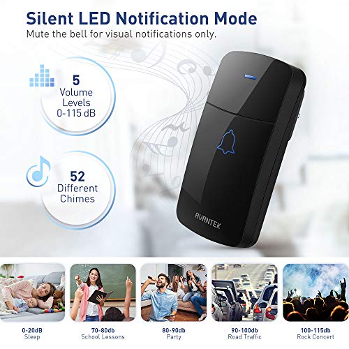 Wireless Doorbell, AVANTEK Waterpoof Door Bell Chime Operating at 1300 Feet with 52 Melodies, 5 Volume Levels & LED Flash