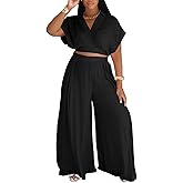 Yuopeid Two Piece Sets for Women Lapel V Neck Waisted Loose Top and High Waisted Stretchy Wide Leg Pants