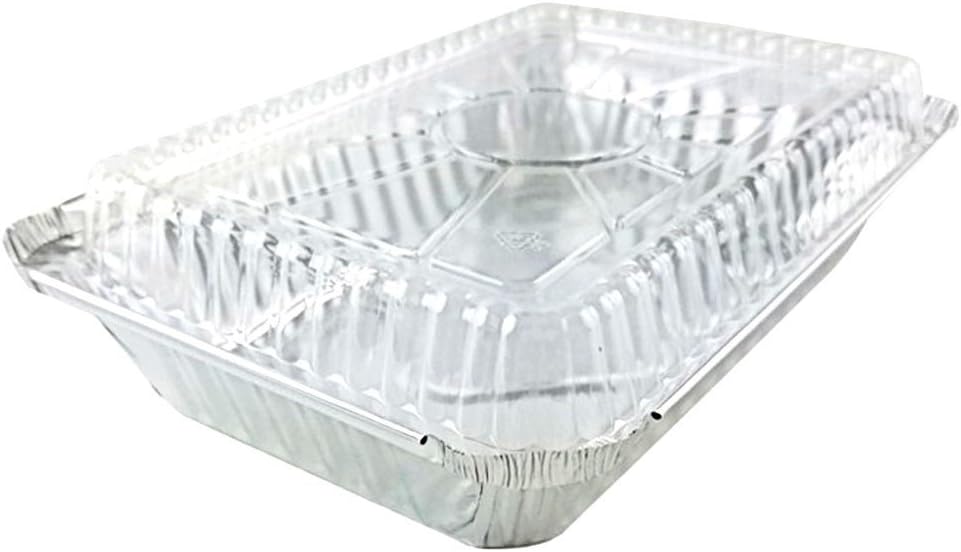 2 lb. Oblong Aluminum Foil Take-Out Pan with Clear Dome Lid Disposable Containers 8.44" x 5.94" x 1.75" (Pack of 10 Sets)