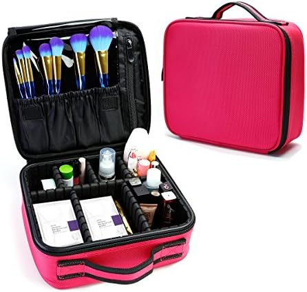 Chacca Portable Travel Makeup Case,Cosmetic Bags with Adjustable Divider, 3 Layers Large Capacity Makeup Train Case Storage Box for Makeup Brushes Toiletry Jewelry,10"(L) x 9.4"(W) x 4"(H),Rose