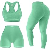 SereneFit 3 Piece Workout Sets For Women Seamless High Waisted Matching Exercise Leggings Shorts and Sports Bra Active Set