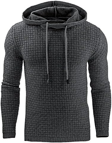 Kangwoo Hooded Shirts For Men Square Quilted Long Sleeved Solid Color Men's Hoodies Sweatshirt With Patch Details DKGREY XL