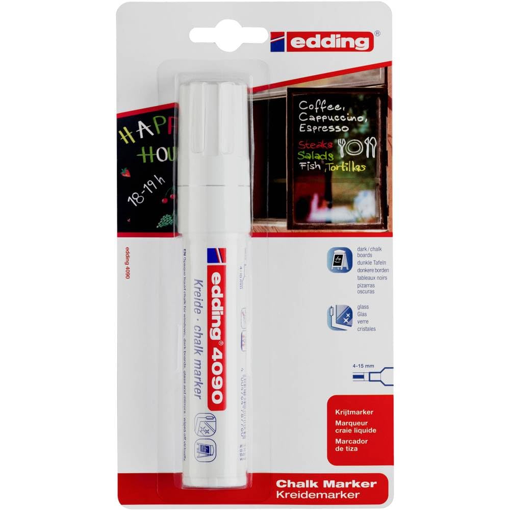 edding 4090 chalk marker - white - 1 chalk pen - chisel nib 4-15 mm - broad-nib wet wipe pen for chalkboards, windows, glass, mirrors - liquid chalk marker pens for opaque coverage