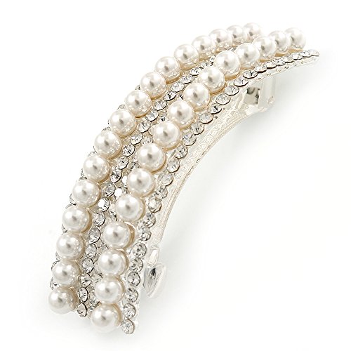 Avalaya Bridal/Wedding/Prom Silver Tone Simulated Pearl Diamante Barrette Hair Clip Grip - 85mm Across