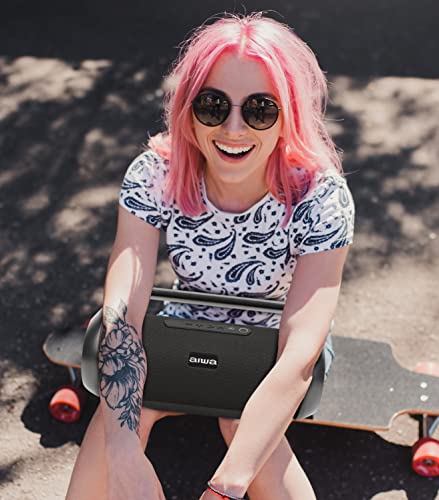 Aiwa Bocina Inalámbrica AWS800BT con 70 W RMS, Bluetooth 4.2, TWS, IPX5 Resistente al Agua, Radio FM, Iluminación RGB, Batería 3600 mAh, Entrada USB y Diseño Portátil Color Negro