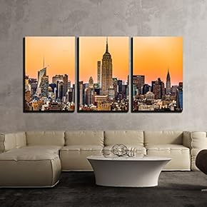 3 Piece Canvas Wall Art - Landscape with Skyscraper at Dawn in New York City - Modern Home Art Stretched and Framed Ready to Hang - 16"x24"x3 Panels