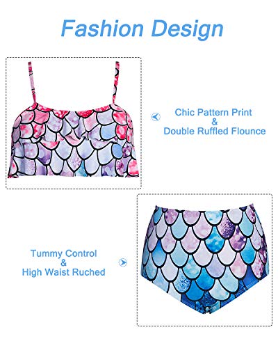 Kids4ever Mermaid Fish Scale Mother Daughter Matching Bikini Set Flounce High Waisted Mommy and Me Bikini Set