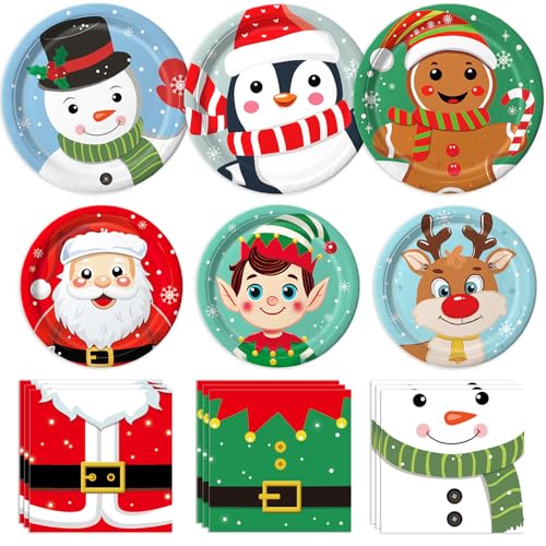 QIYANPAX 100 PCS Christmas Paper Plates and Napkins Sets Christmas Party Supplies - Dinner Plates, Dessert Plates, Napkins for Xmas Party Decorations, Serve 30