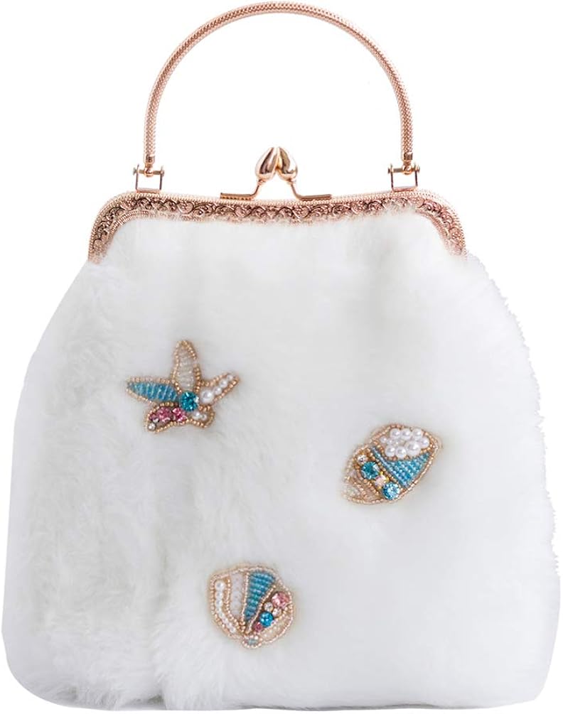 white fluffy clutch bag