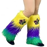 SJFBJNJHJ Fuzzy mardi gras Leg Warmers with Fleur De Lis, Purple Green Yellow Faux Fur Leg Covers, mardi gras Outfit for Women mardi gras Costume Accessories for Party Dress Up