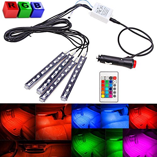 AUDEW 4-Piece 8 Colors Car Interior Light Strips 9LED 6W Waterproof Neon Decoration Lamp LED, Interior Underdash Lighting Kit, Control Wireless Interior Atmosphere lights Lamp