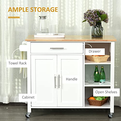Rolling Kitchen Island Cart With Storage – Wood Top, Drawers, Spice Rack, Towel Bar & Wheels, White