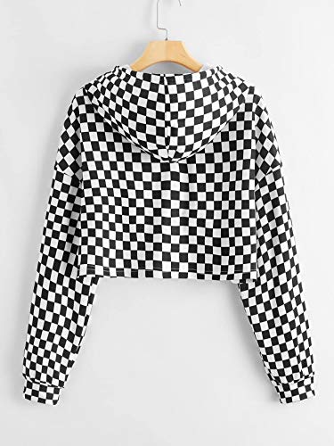 WDIRARA Women\'s Checkered Long Sleeve Drawstring Crop Hooded Sweatshirt Black and White S