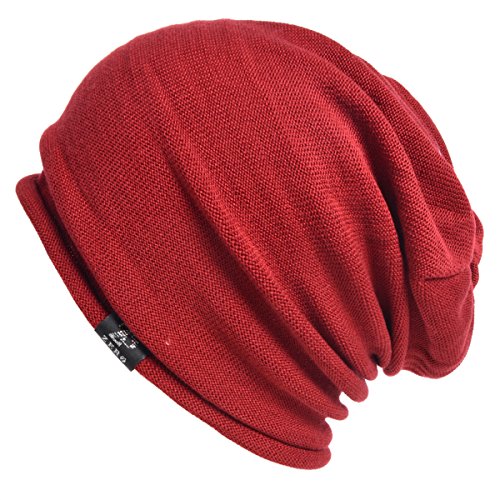 Men's Cool Cotton Beanie Slouch Skull Cap Long Baggy Hip-hop Winter Summer Hat (Roll-Red)