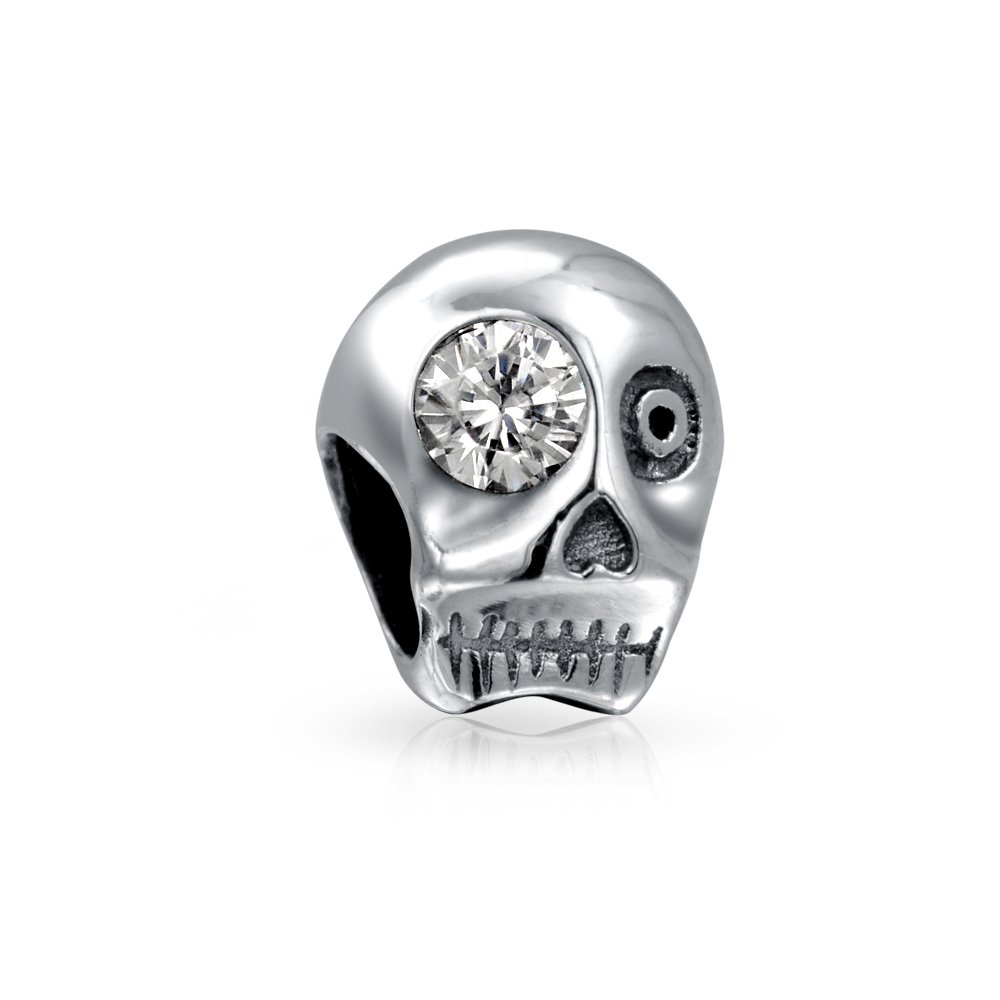 Bling Jewelry Halloween Skeleton Skull Diameter De Los Muertos White CZ Eye Charm Bead For Women .925 Sterling Silver Fits European Bracelet