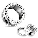 White Opalite Paved Screw-Fit Tunnels in 316L Stainless Steel - Sold as a Pair - Available in Multiple Sizes (6mm (2GA))