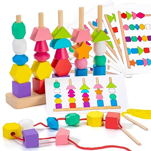 FlameFlash Montessori Toys Bead Sequencing Set, Wooden Lacing Beads  Matching Shapes Colors Stacking Toy for