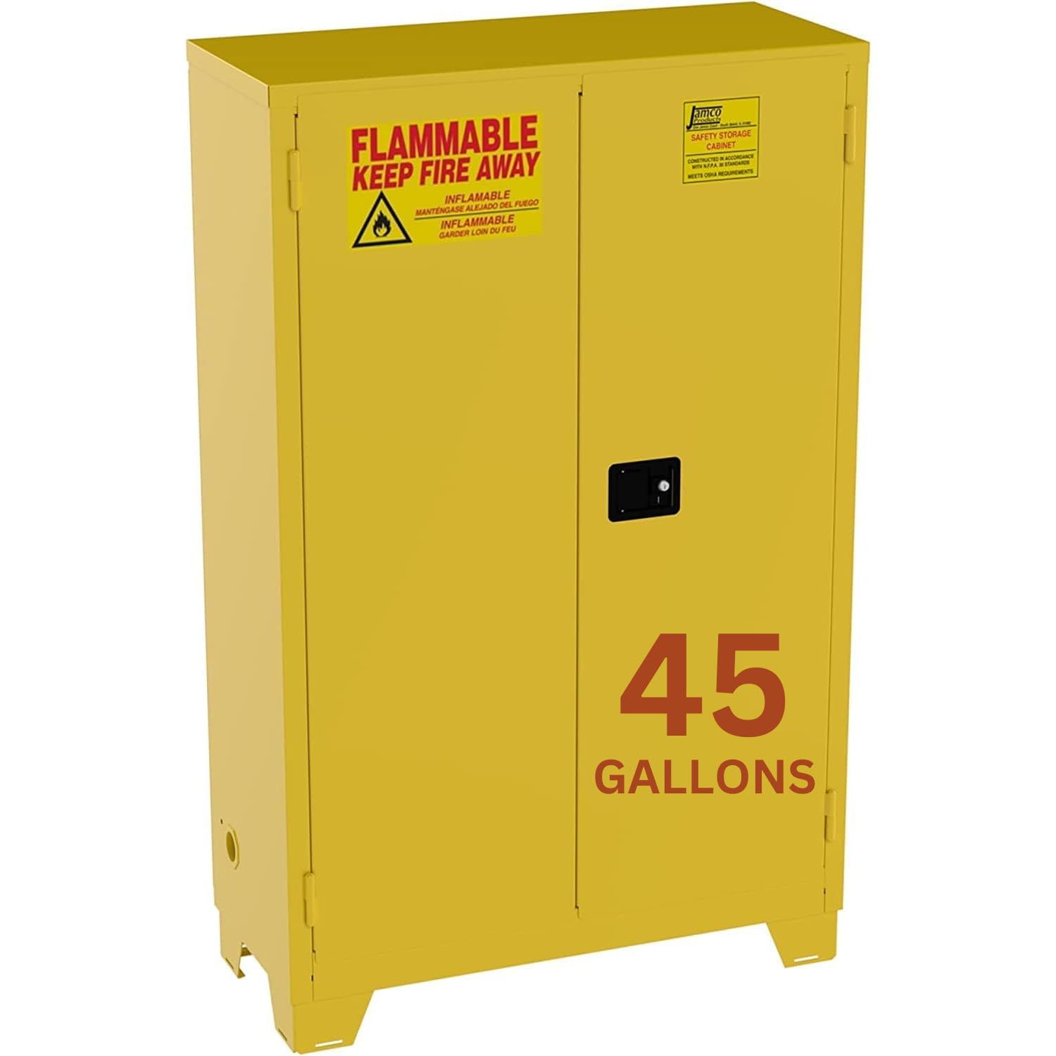 Photo 1 of Jamco 45 Gallon Flammable Safety Cabinet, Steel Flammable Storage Cabinet with Lockable Manual Closing Doors, Forkliftable, 43" x 18" x 70", Yellow