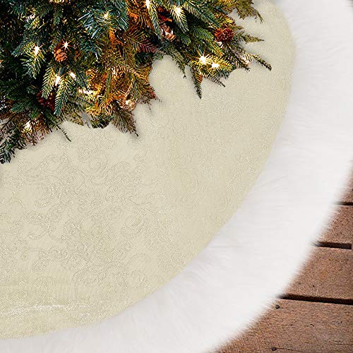 Jellas 3D Embossing Pattern Christmas Tree Skirt, 48 inches Premium Golden Tree Mat for Xmas Holiday with Hand Stitched Luxury White Snow Smooth Fur Edge, for Christmas Decoration Outdoor and Indoor