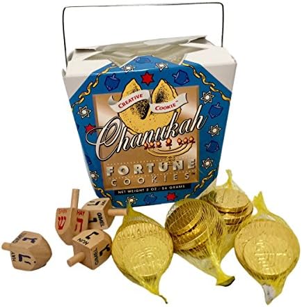 Hanukkah Gift Set, 4 Chocolate Coin Bags, 4 Wooden Dreidels, Fortune Cookies, Kosher OU-D