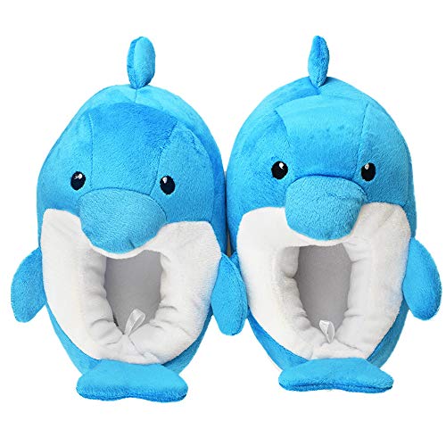 Little Kids Boys Cute Dolphin Warm Slippers with Rubber Hard Sole Size 9-10 US Blue