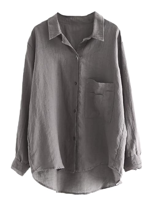 MatchLife Damen Leinen Blusen Elegant Langarm Freizeit Oberteil Lose Langarmshirt Tunika Hemd mit Taschen