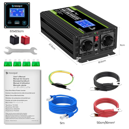 NOVOPAL 2000W Pure Sine Wave Power Inverter DC 24 V to AC 220 V with Intelligent LCD Display, 2 EU Socket with USB Output, 5 Metres Remote Control for Truck Camping Coffee Machine